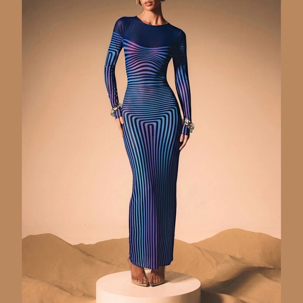 Blue Ombre Digital Stripe Print Sheer Mesh Long Sleeve Bodycon Maxi Dress